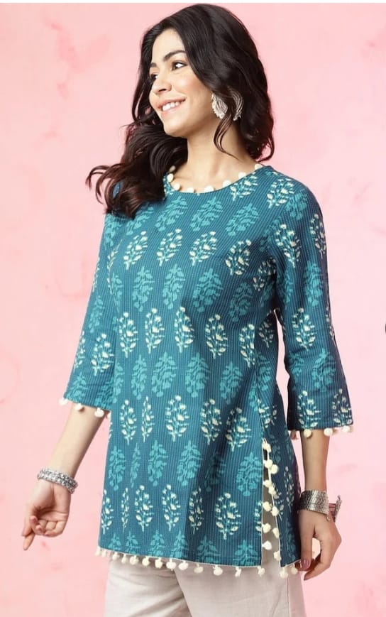DITYA Blue Ethnic Printed Cotton Short Kurti