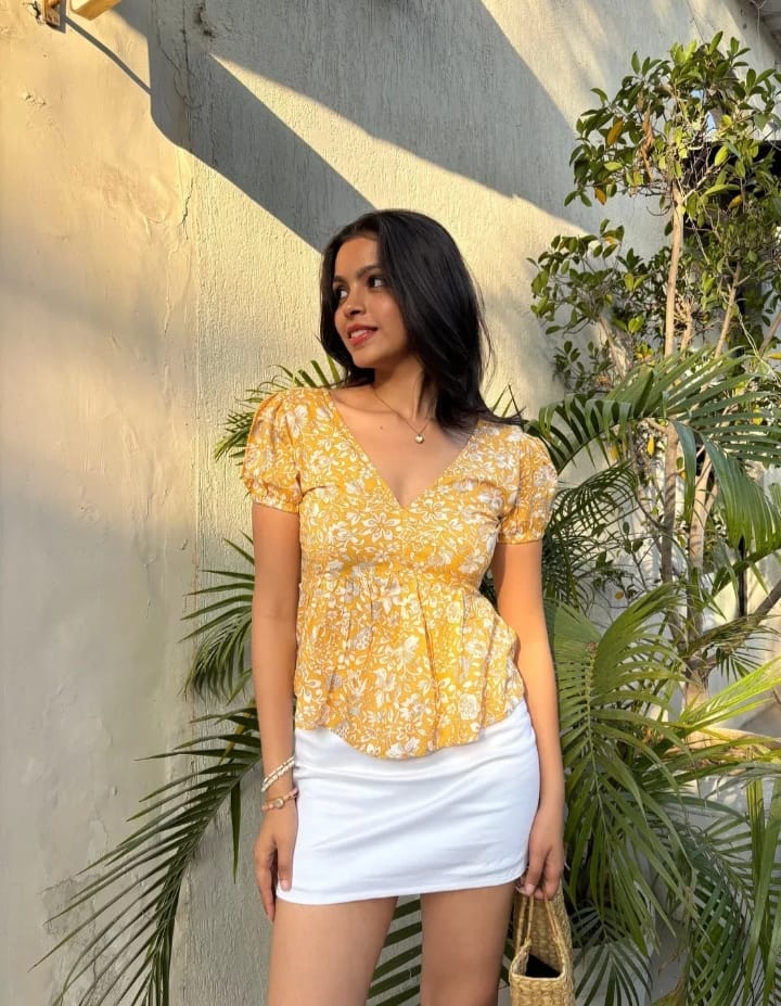 DITYA Yellow Floral Peplum Top With Puff Sleeves