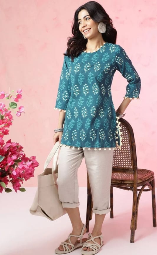 DITYA Blue Ethnic Printed Cotton Short Kurti