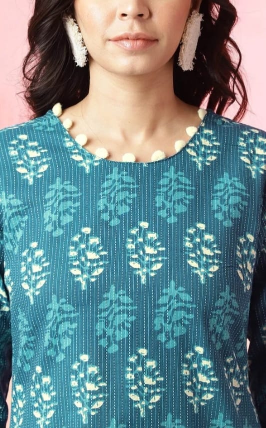 DITYA Blue Ethnic Printed Cotton Short Kurti