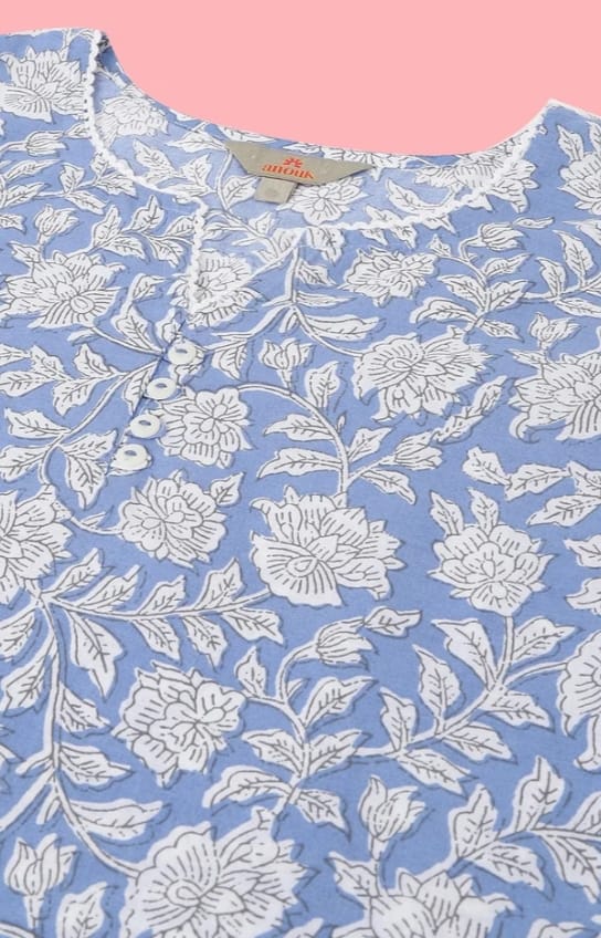 DITYA Blue Floral Printed Cotton Short Kurti