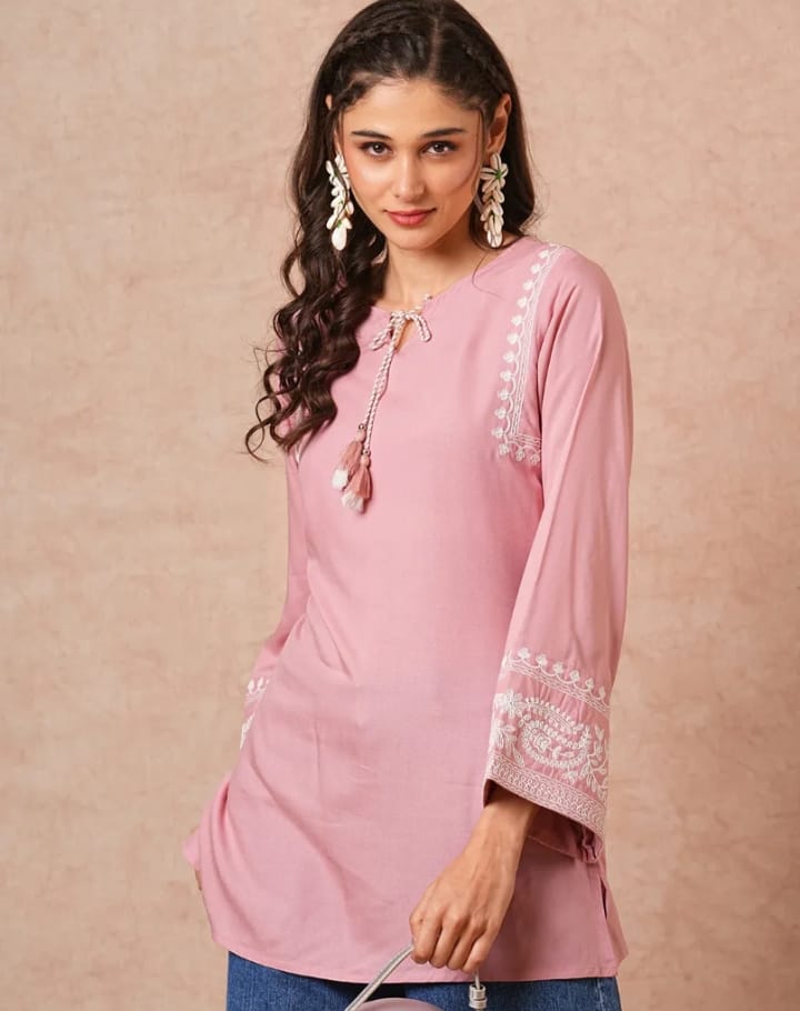 DITYA Peach-Colored A-Line Short Kurti