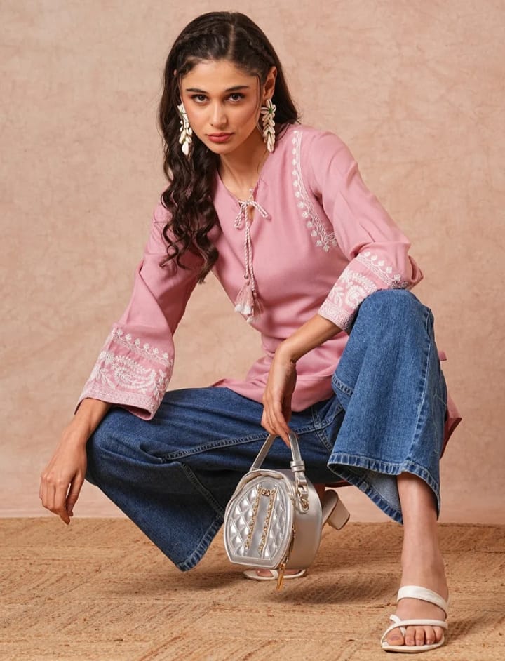 DITYA Peach-Colored A-Line Short Kurti