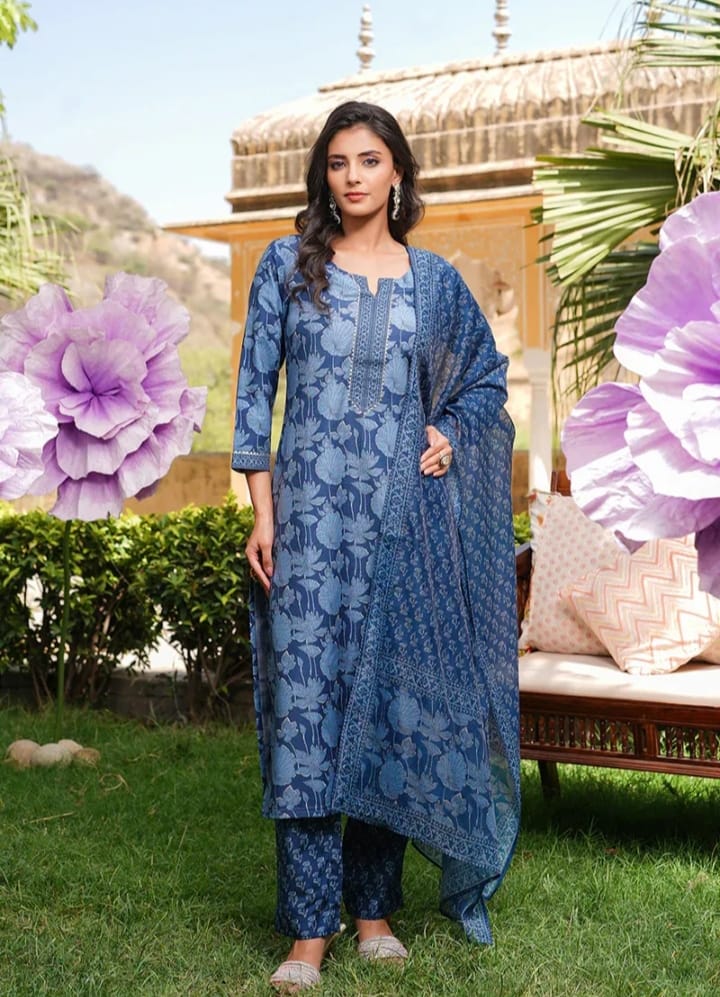 DITYA Blue Rayon Blend Floral Printed Straight Kurta Trousers Set.