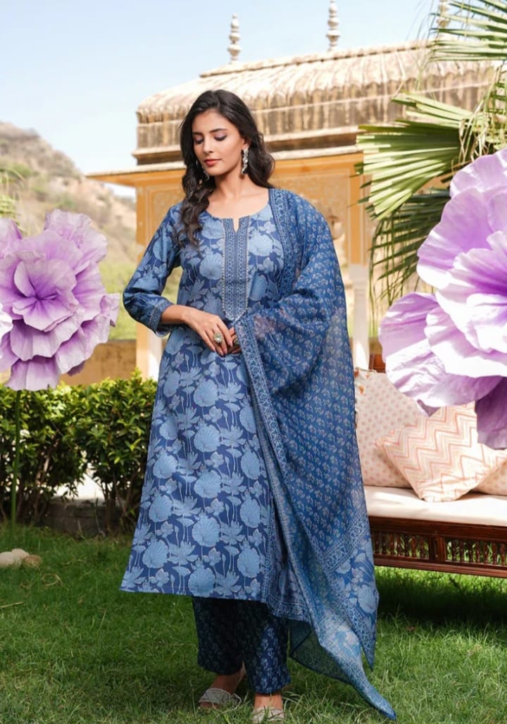 DITYA Blue Rayon Blend Floral Printed Straight Kurta Trousers Set.