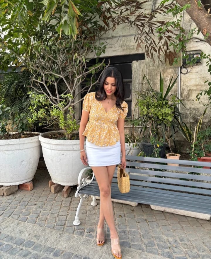 DITYA Yellow Floral Peplum Top With Puff Sleeves