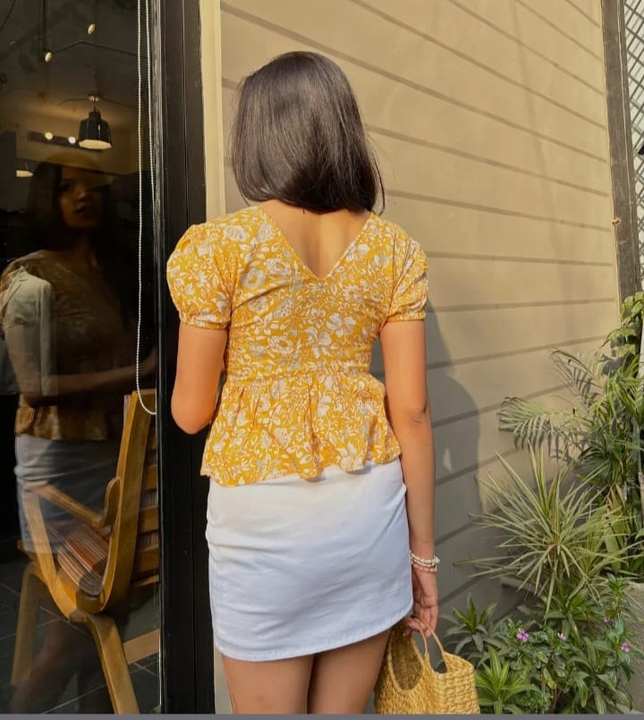 DITYA Yellow Floral Peplum Top With Puff Sleeves