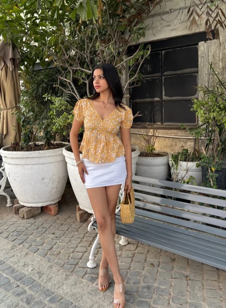 DITYA Yellow Floral Peplum Top With Puff Sleeves