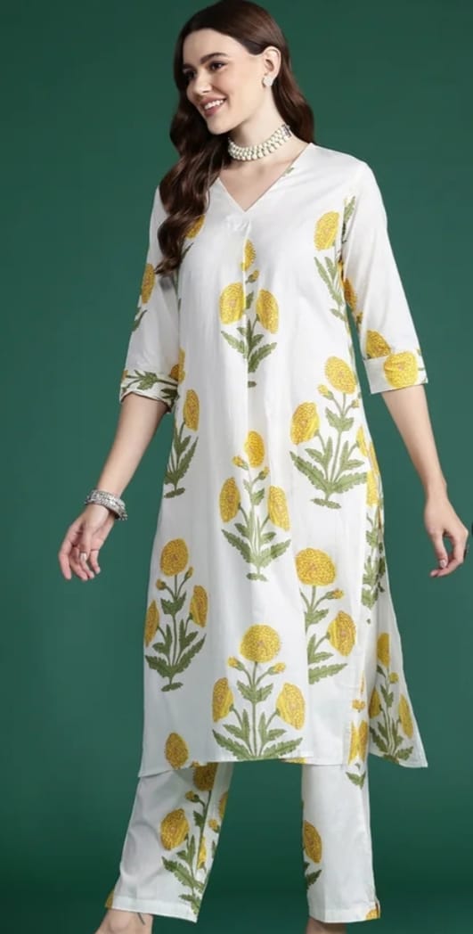 DITYA White Printed Kurta With Trousers